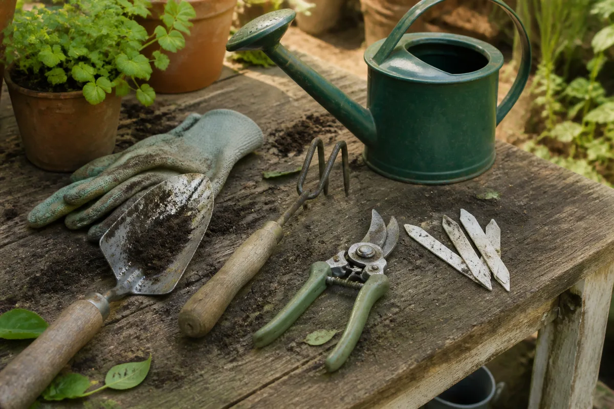 Accessoires de jardin Castorama posés sur une tablette de rempotage avec transplantoir, gants et petite griffe