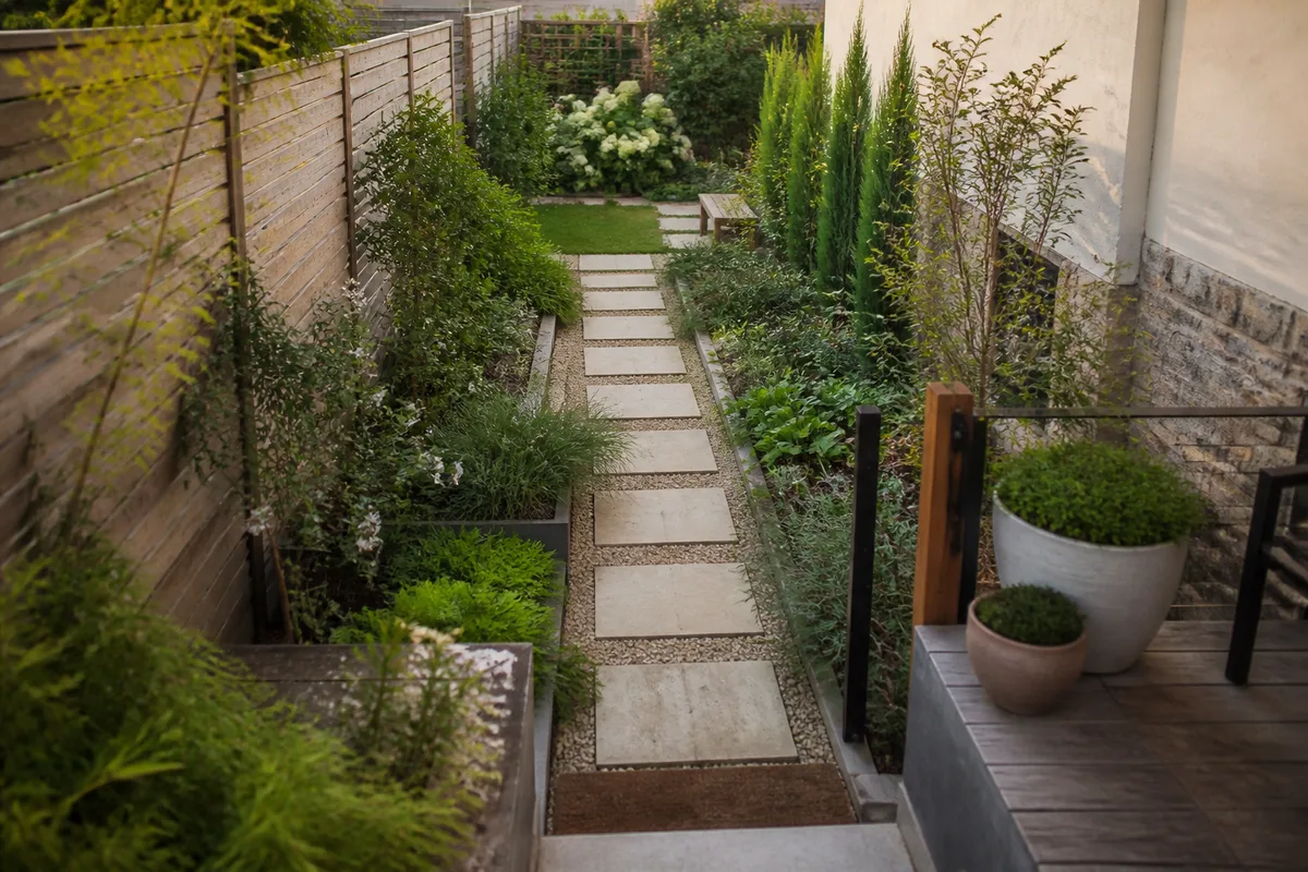 Jardin étroit en longueur avec cheminement décalé, massifs alternés et banc au fond