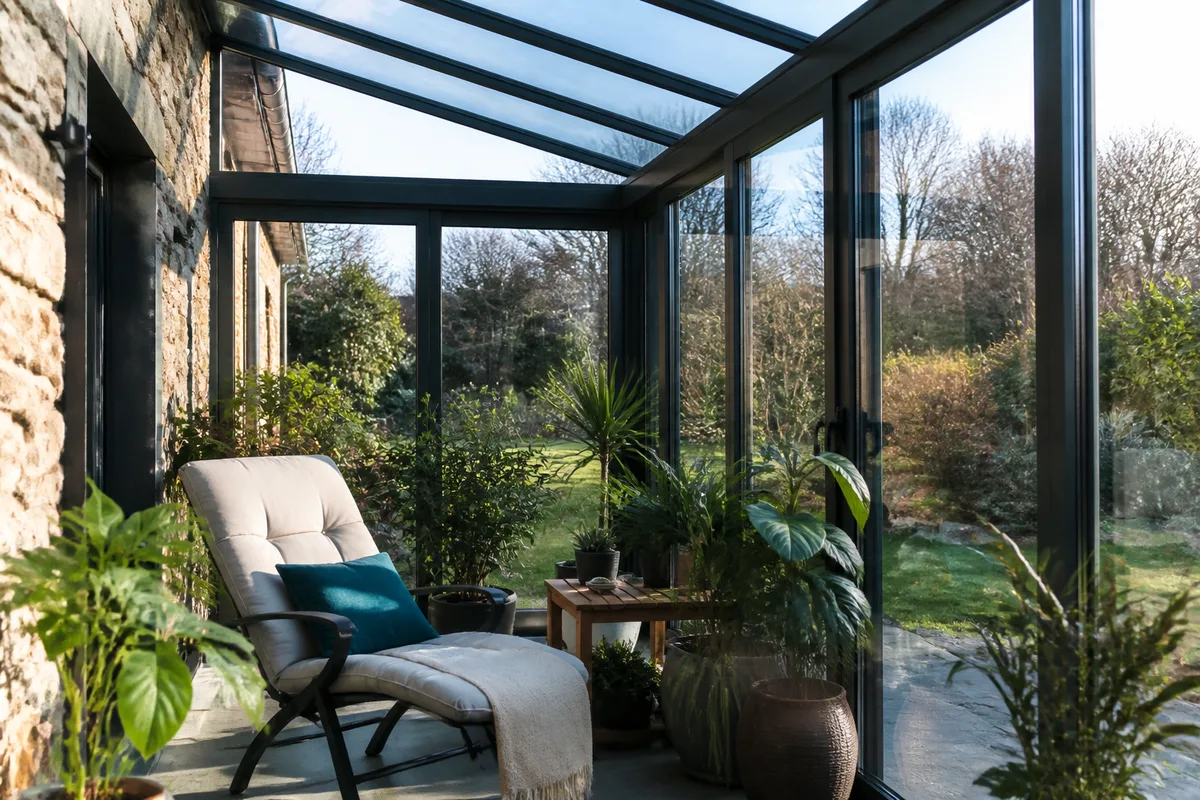 Intérieur d’une véranda Gustave Rideau transformée en jardin d’hiver avec toiture vitrée et ouvrants en aluminium