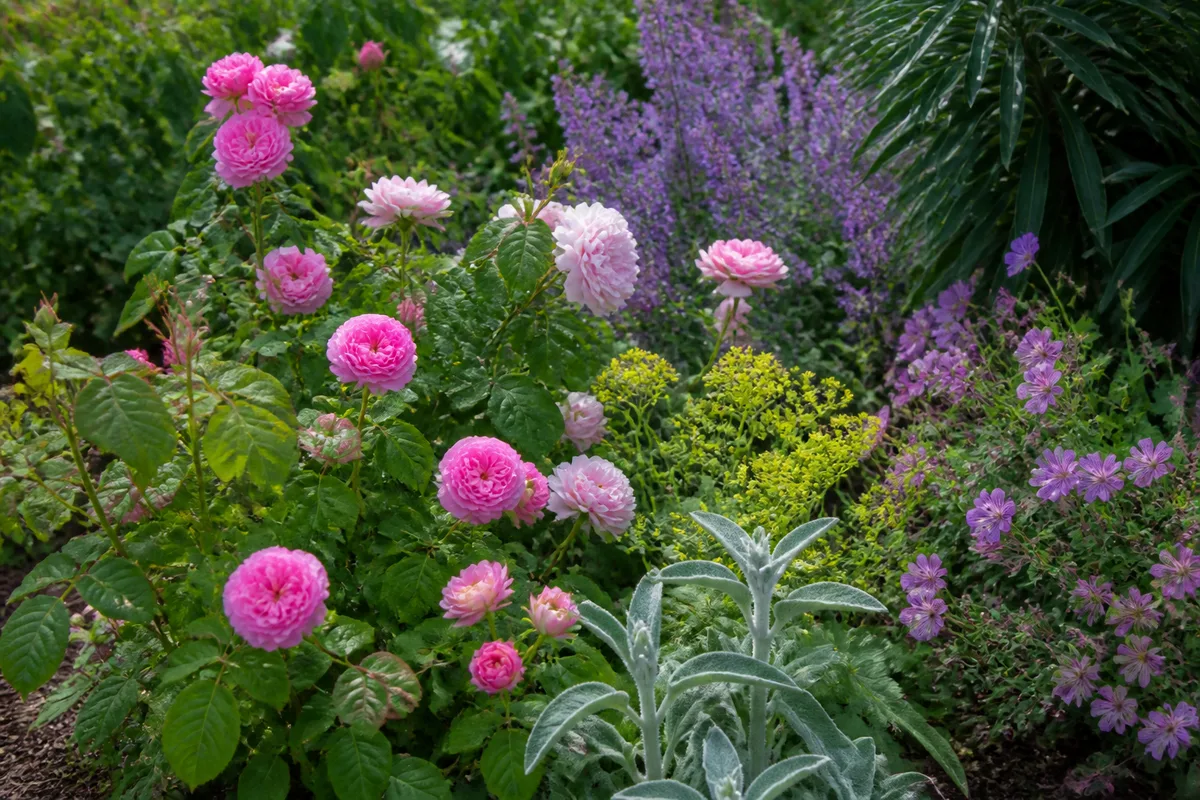 Massif de jardin avec rosier remontant, vivaces estivales et feuillages persistants