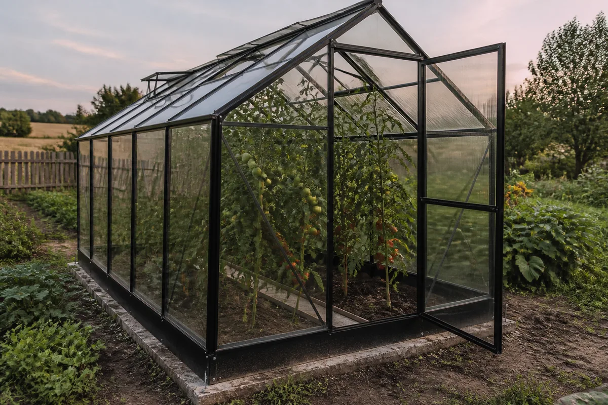 Serre de jardin SCAEL installée sur une base stable avec ancrages visibles et tomates tuteurées