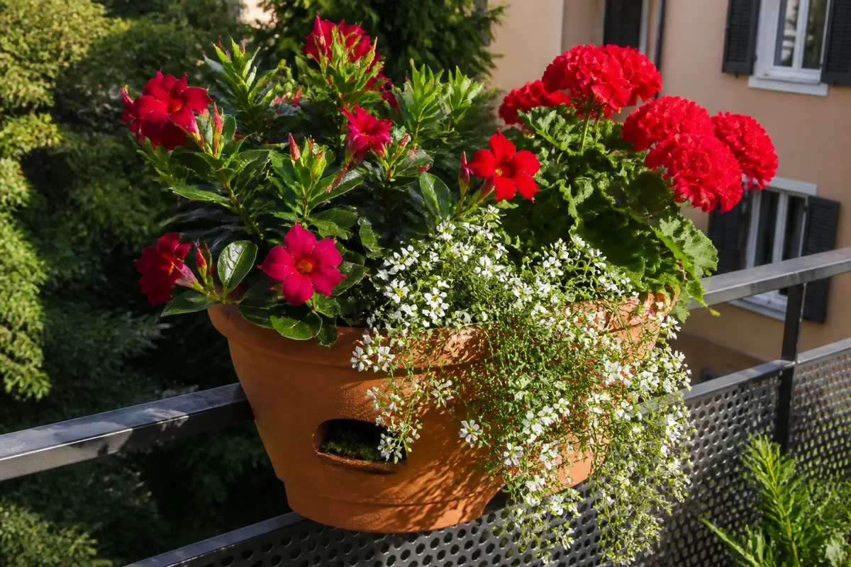 Jardinière de géranium lierre et dipladénia sur un balcon plein sud