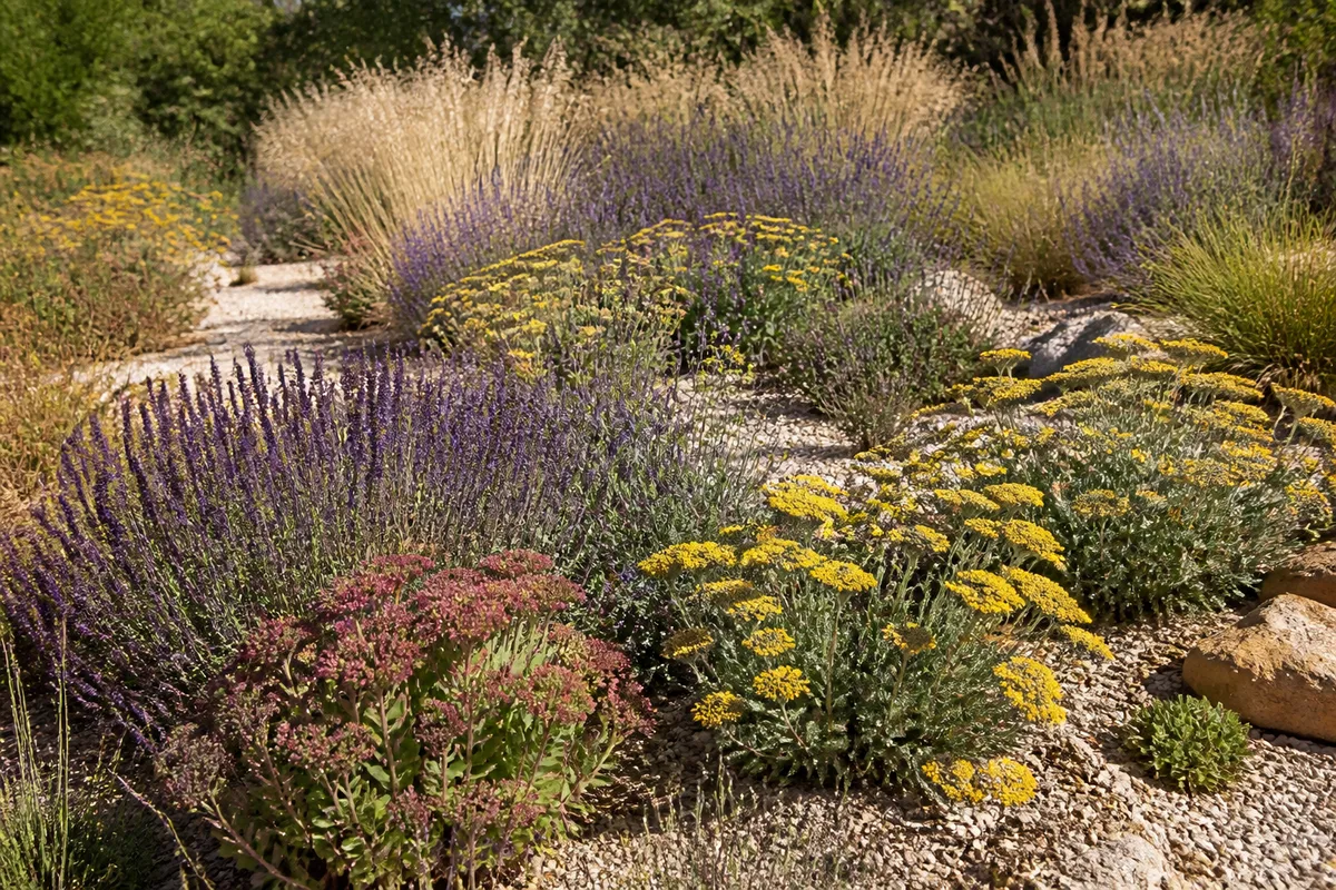 Massif fleuri résistant à la sécheresse avec lavandes, sauges, achillées, sedums et fétuques