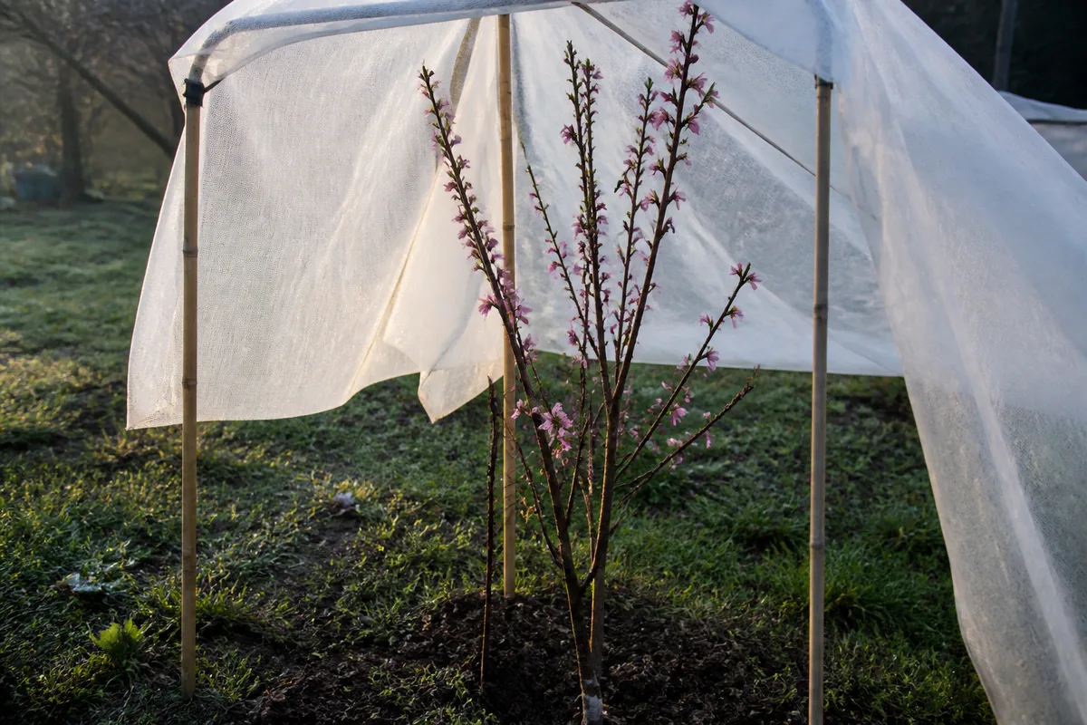 Jeune pêcher en fleurs protégé du gel tardif par un voile d’hivernage sur une armature en bambou
