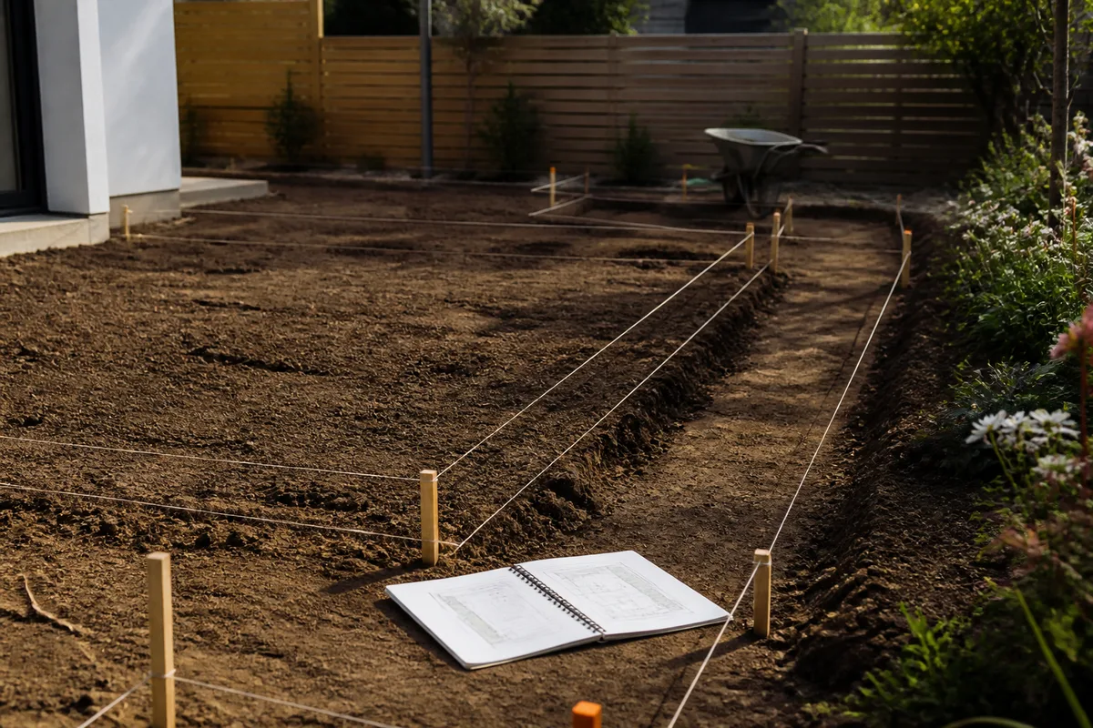 Terrain de jardin récemment nivelé avec piquets et cordeaux pour organiser une terrasse, une allée et des massifs