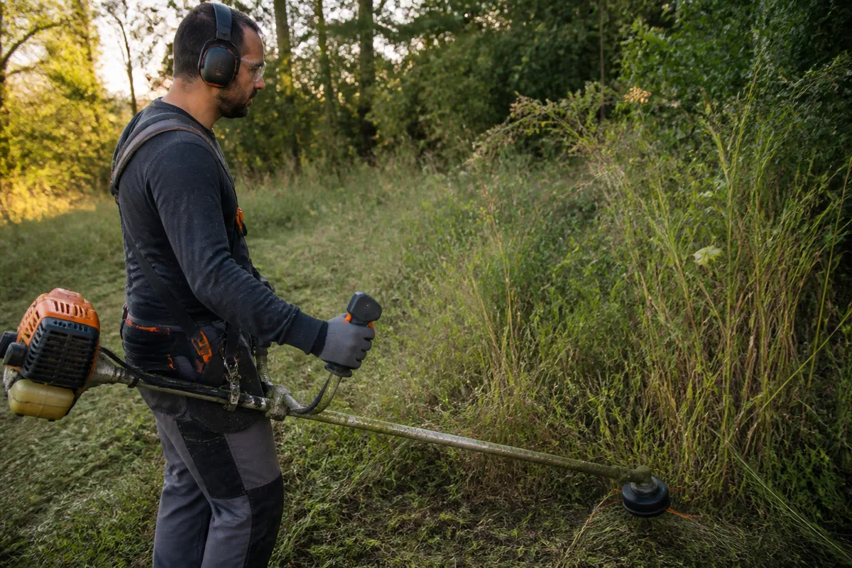 Débroussailleuse Fuxtec utilisée sur des herbes hautes avec harnais et lunettes de protection