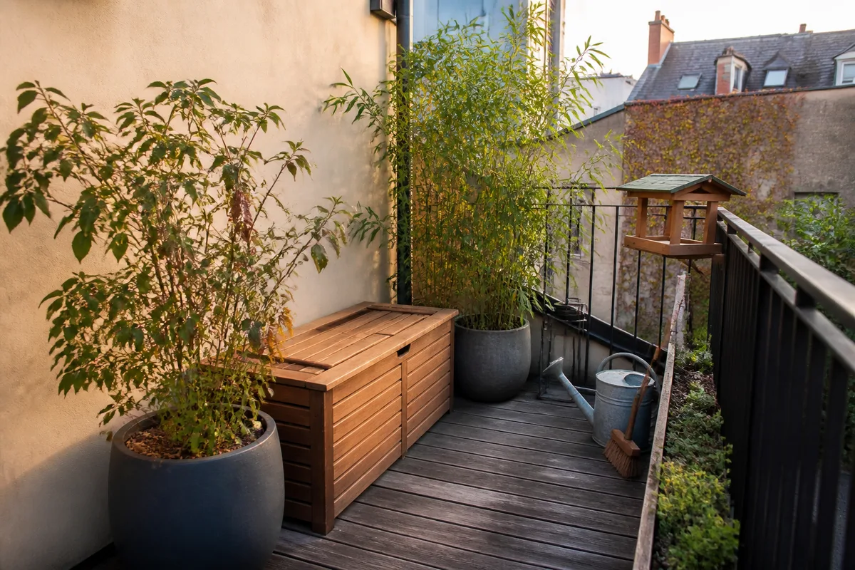 Petite terrasse aménagée avec banc-coffre, pots de plantes et accessoires de jardin
