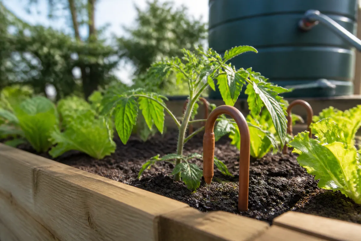 Goutteur Iriso installé au pied de jeunes plants dans un carré potager surélevé