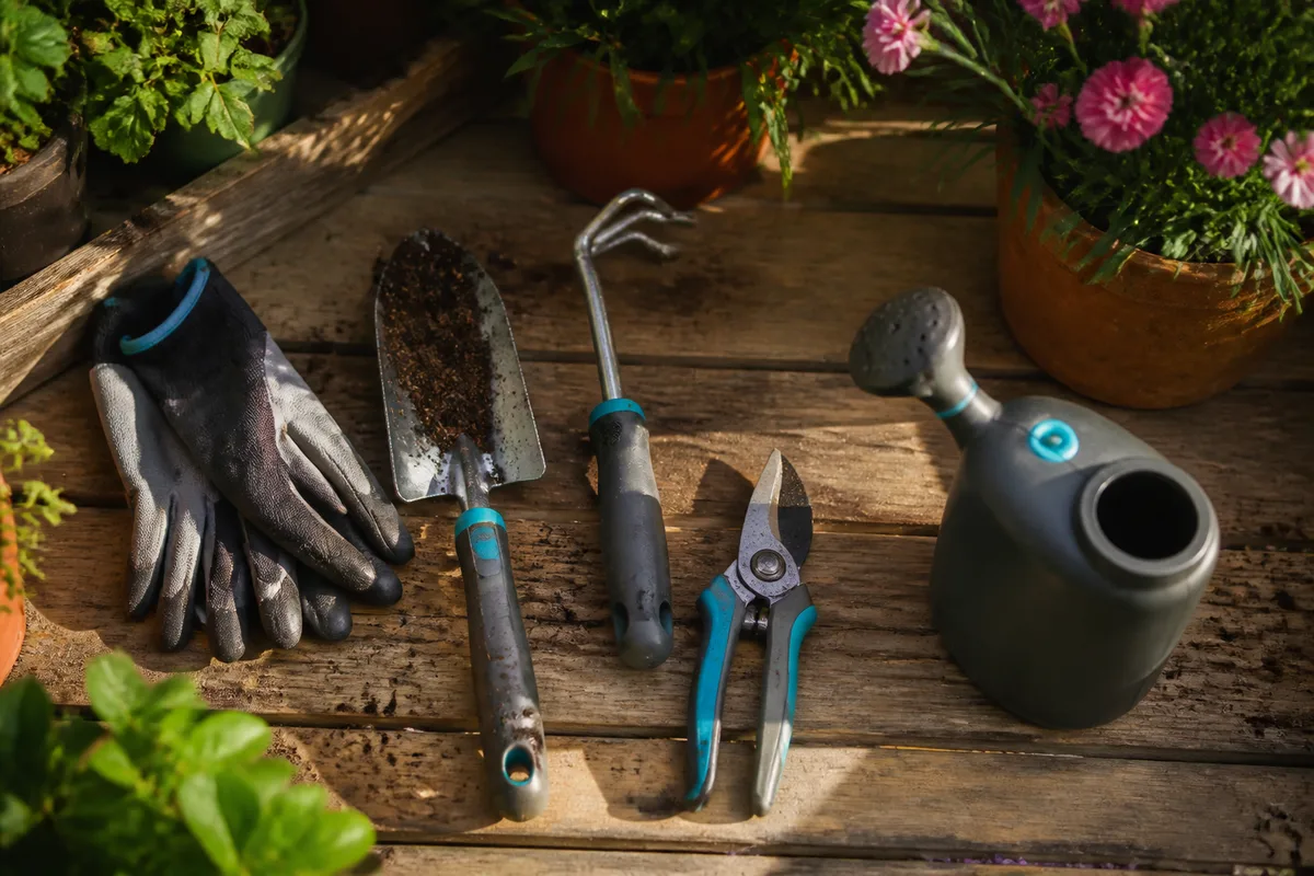 Transplantoir, serfouette, sécateur, gants et arrosoir Gardena pour débuter le jardinage