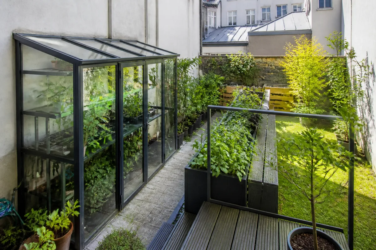 Comparaison entre une serre adossée étroite et une serre indépendante dans un petit jardin urbain